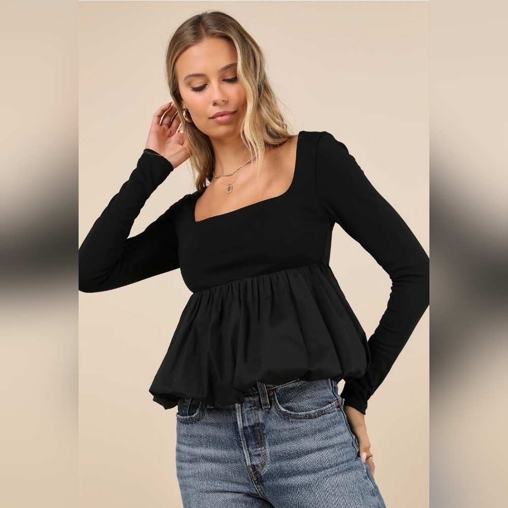 Black Peplum/ Bubble Hem Long Sleeve Top Womens XXS New Dressy Casual